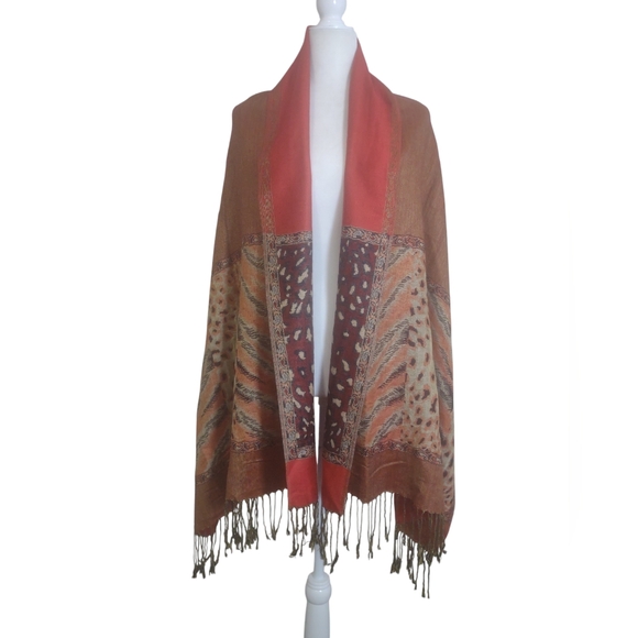Pashmina Scarf Red/Gold Exotic Design Reversible - Picture 5 of 6